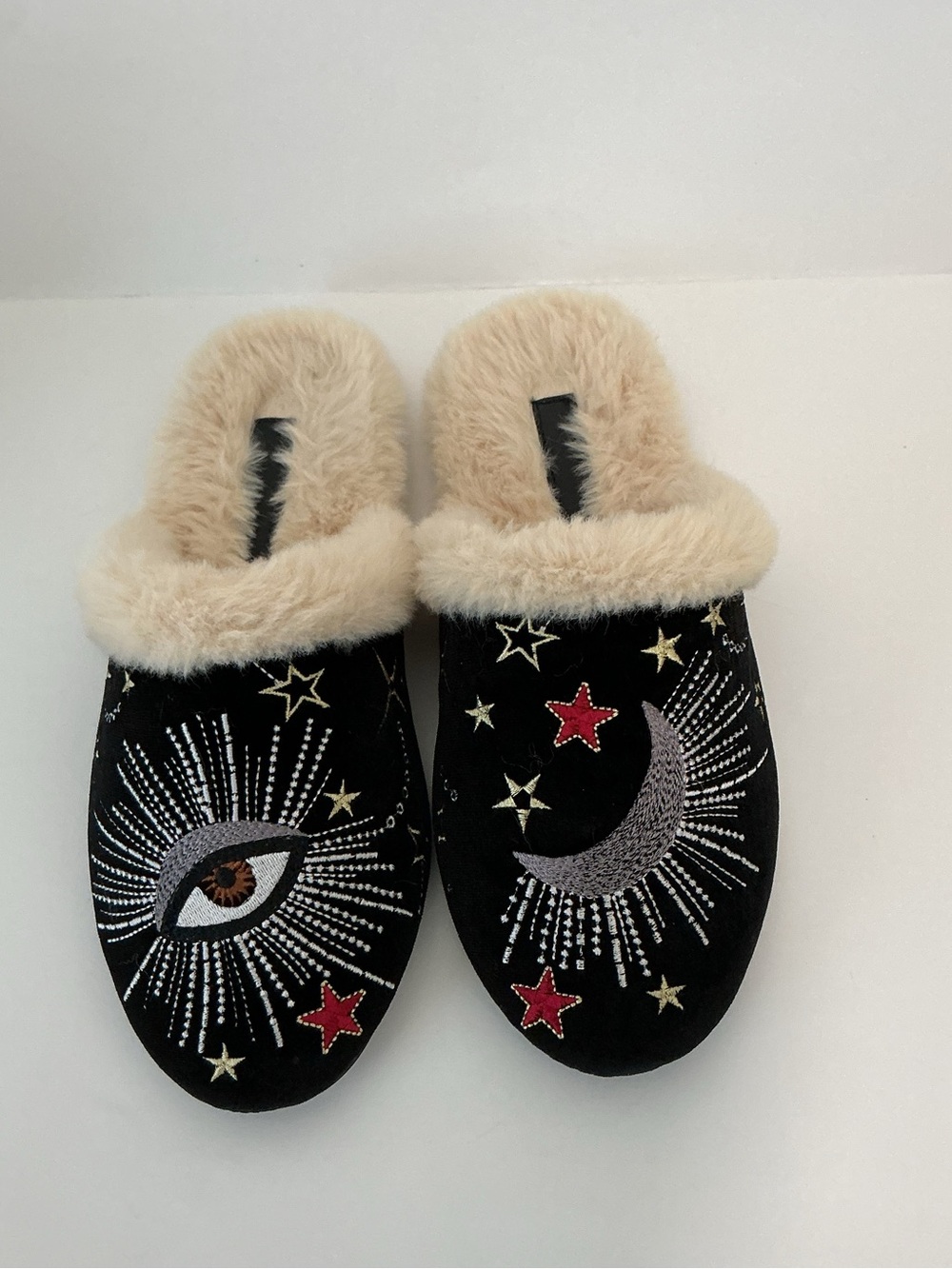 Johnny Was - Black Velvet, Fur lined Celestial Slippers, 8